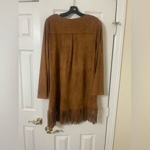 Suede Fringe Dress with Lace-Up Neck